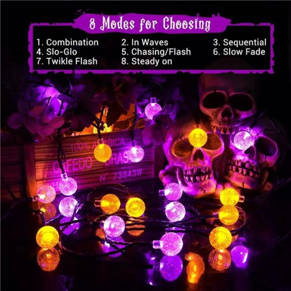 Orange Purple Solar Halloween Lights 72FT 100 LED Halloween Globe Lights 8 Modes